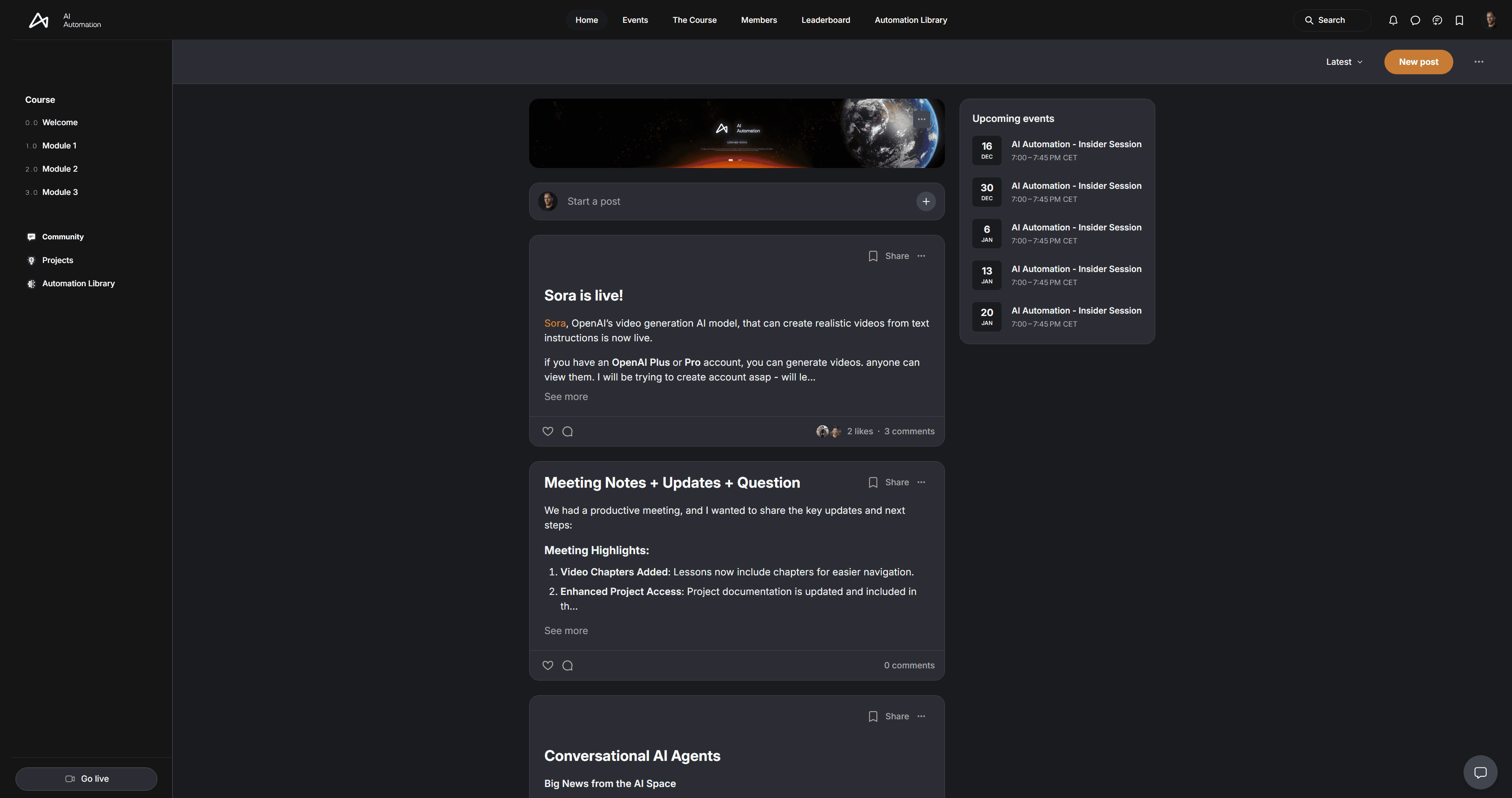 The AI Automation platform's menu: the course (Welcome, Modules 1 to 3), the community, projects and the automation library