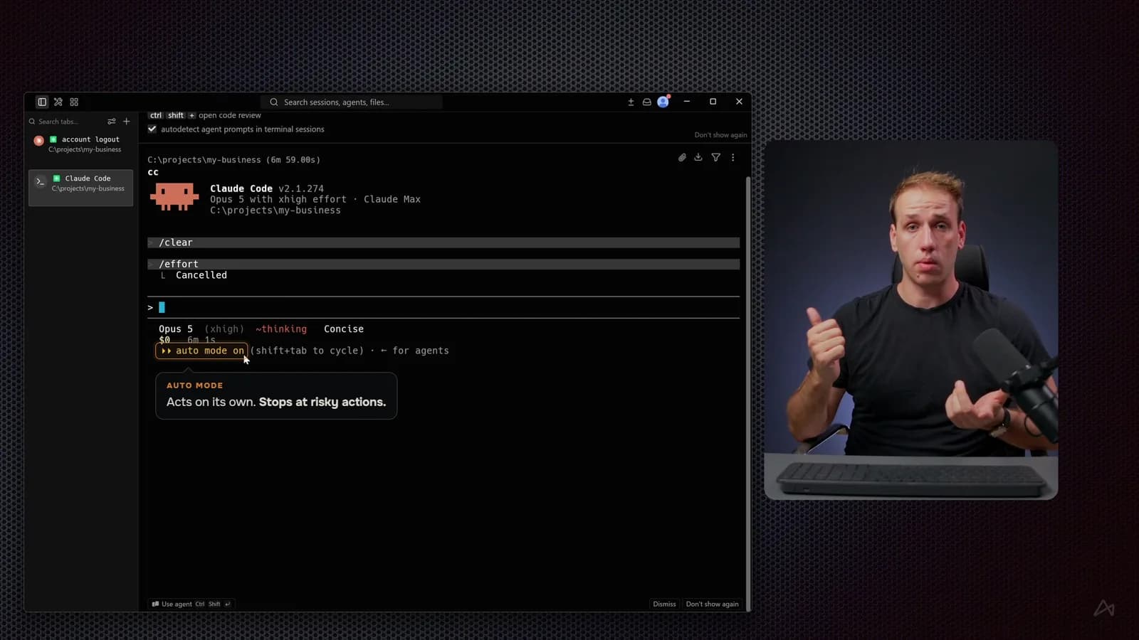 Episode 07: Claude Code running in a project folder, with auto mode explained on screen