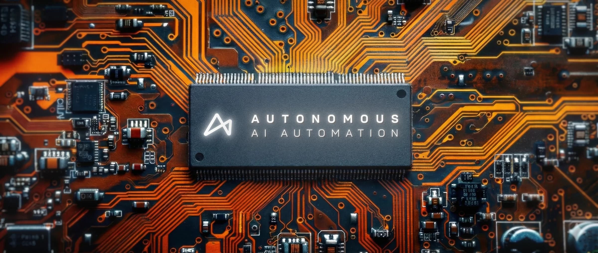Autonomous AI Automation: the course's name on a chip at the centre of a circuit board